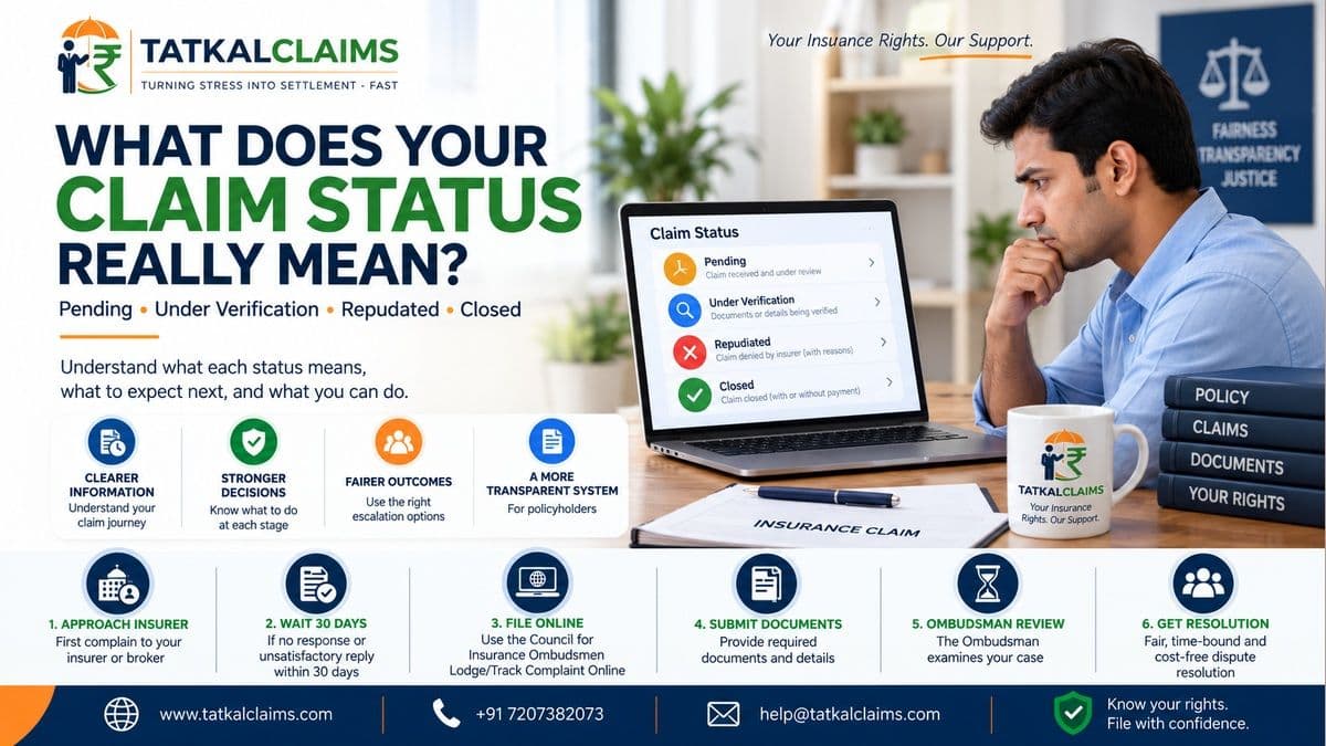 Tatkal Claims infographic explaining insurance claim status labels including pending, under verification, repudiated and closed