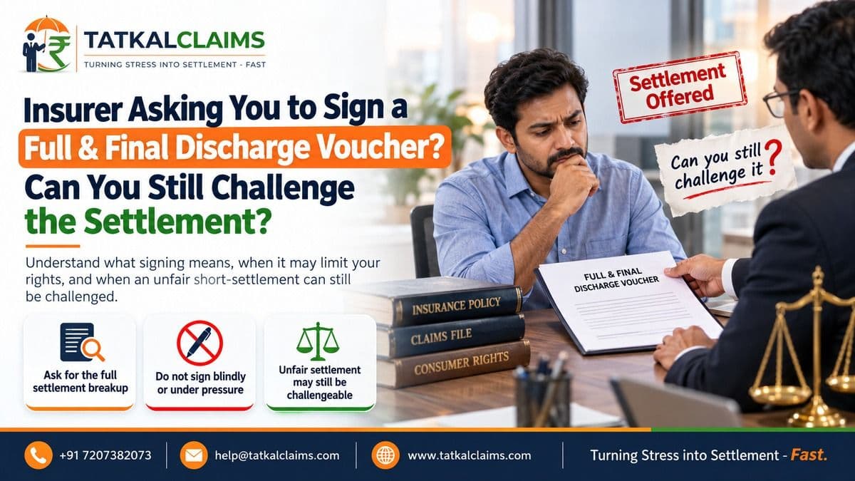 Insurance policyholder reviewing a full and final discharge voucher before accepting claim settlement