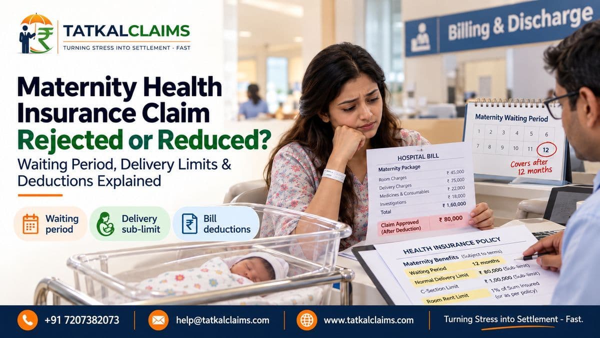 Policyholder reviewing a maternity health insurance claim rejection or reduced settlement with delivery and newborn expense documents