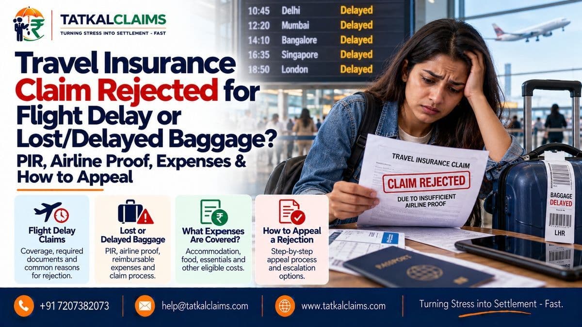 Traveller at an airport reviewing a rejected travel insurance claim after a flight delay and lost or delayed checked baggage