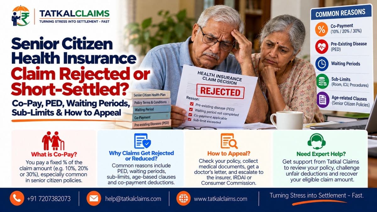 Tatkal Claims illustration for senior citizen health insurance claim rejection, co-payment, PED waiting periods and sub-limit appeals