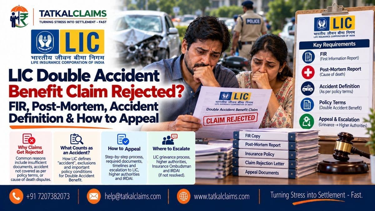 LIC double accident benefit claim rejection involving accident definition, FIR, post-mortem evidence and rider conditions
