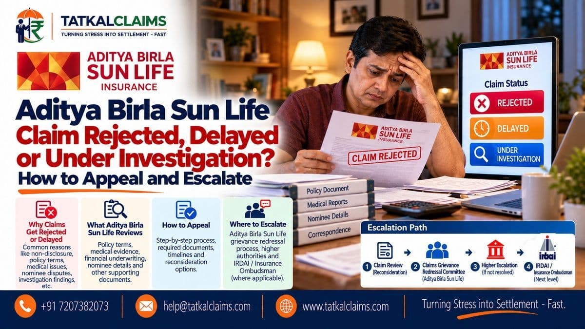 Aditya Birla Sun Life Insurance claim rejected, delayed or under investigation — claimant reviewing appeal and escalation options
