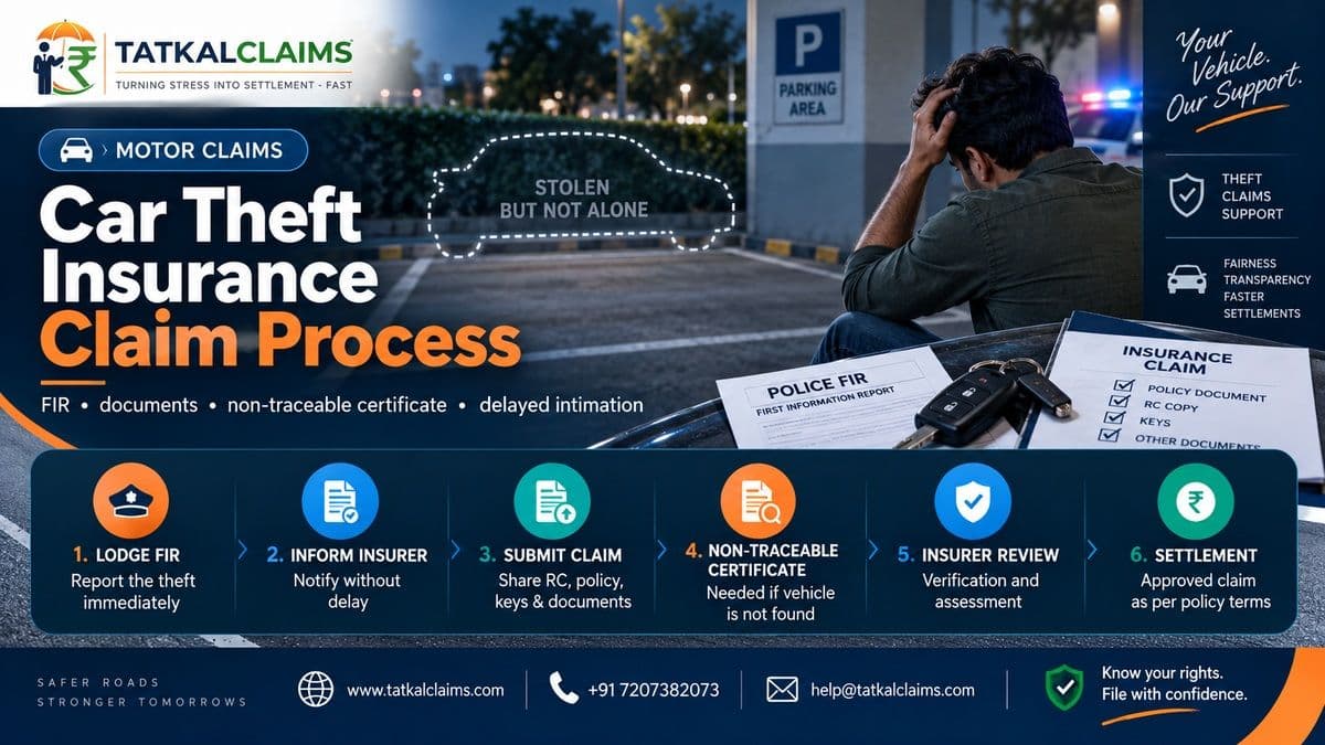 Car theft insurance claim process in India showing FIR, insurer notification and claim documents