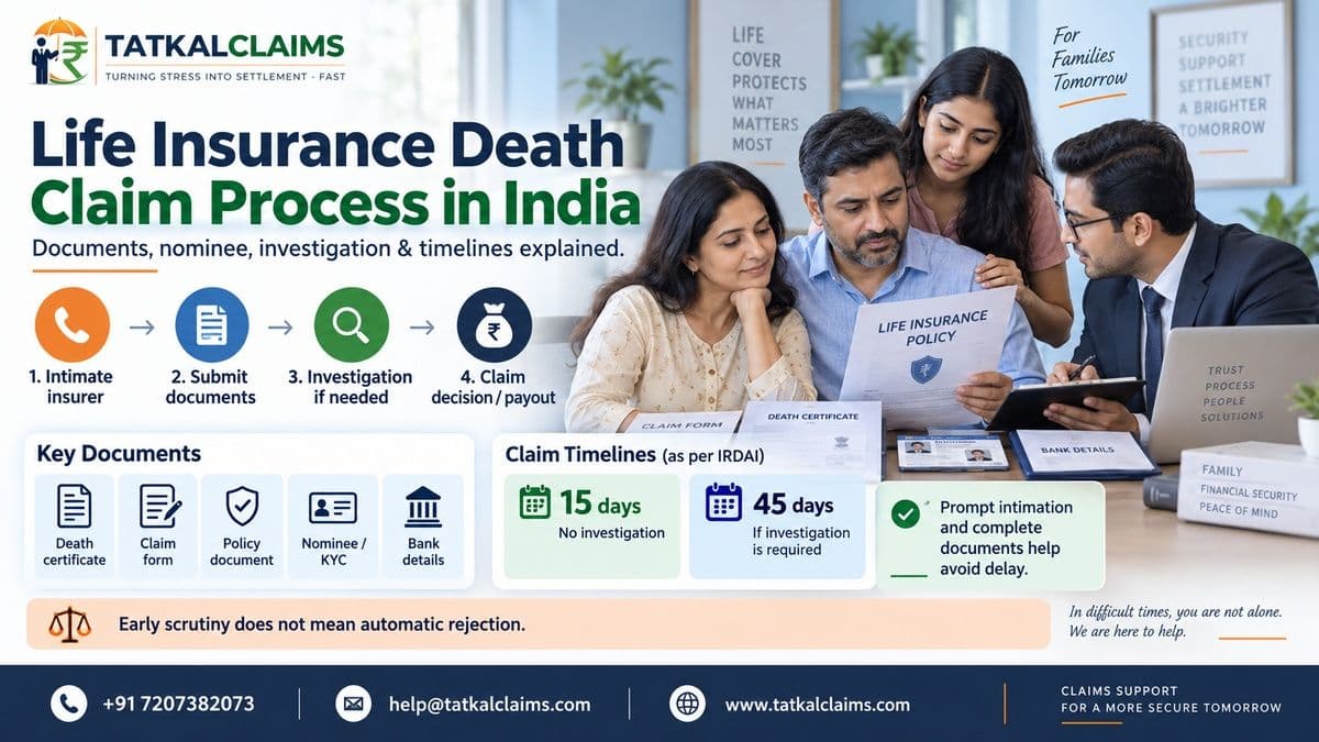 Life insurance death claim process in India showing nominee documents and insurer review