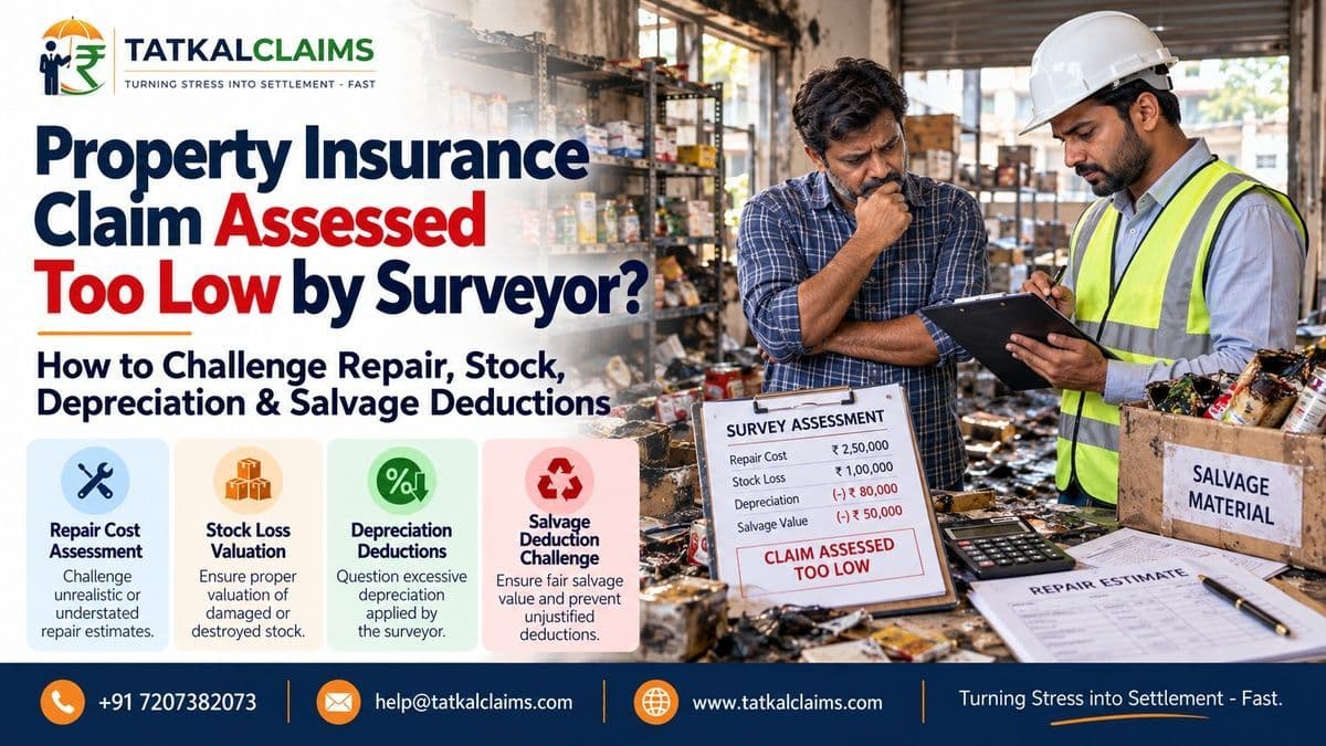 Business owner reviewing a property insurance surveyor report that assessed fire or property damage far below the claimed repair or stock loss