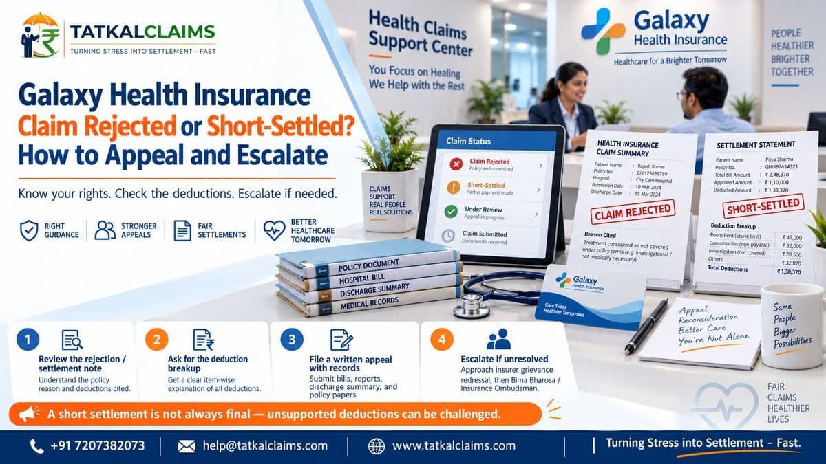 Galaxy Health Insurance claim rejected or short-settled appeal and escalation guide