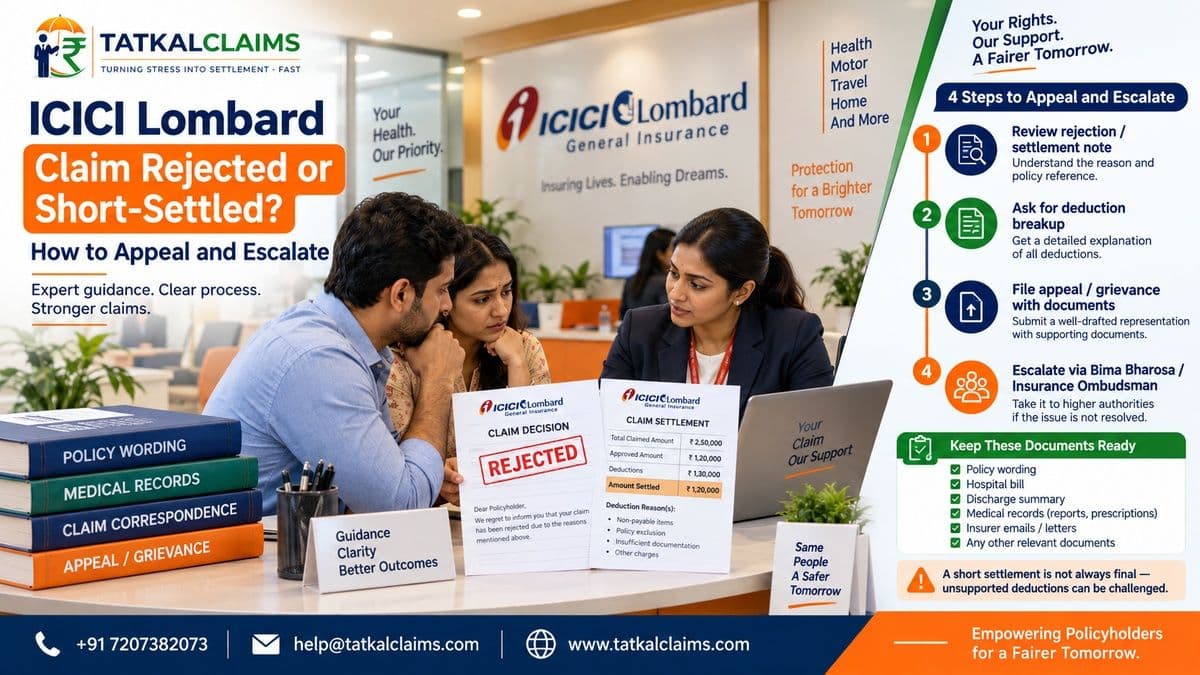 Tatkal Claims guide to appealing and escalating a rejected, delayed or short-settled ICICI Lombard insurance claim in India