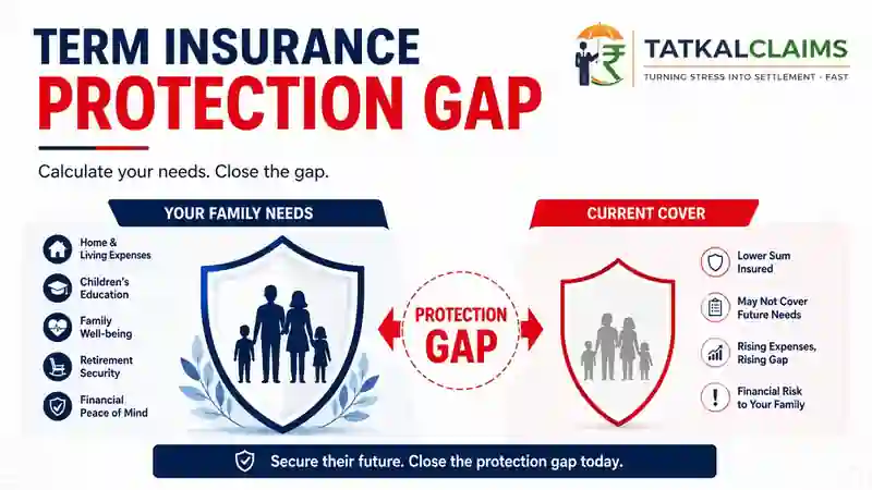 Term insurance protection gap infographic comparing family financial needs with current cover