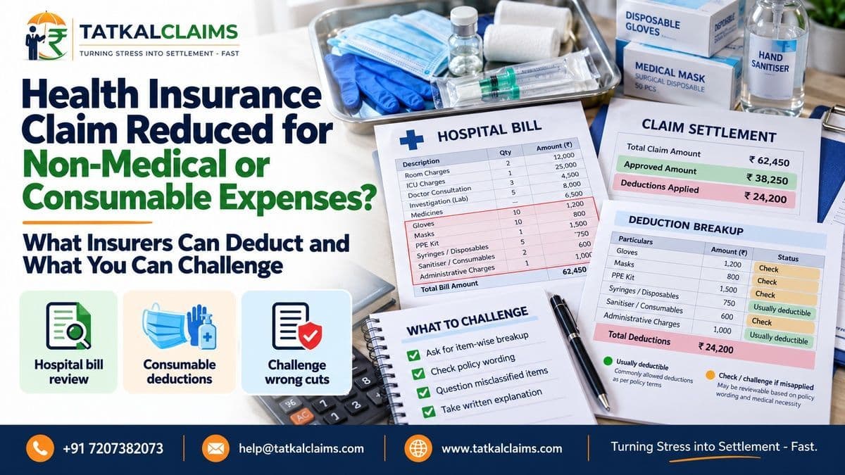 Policyholder reviewing non-medical and consumable deductions on a health insurance claim settlement