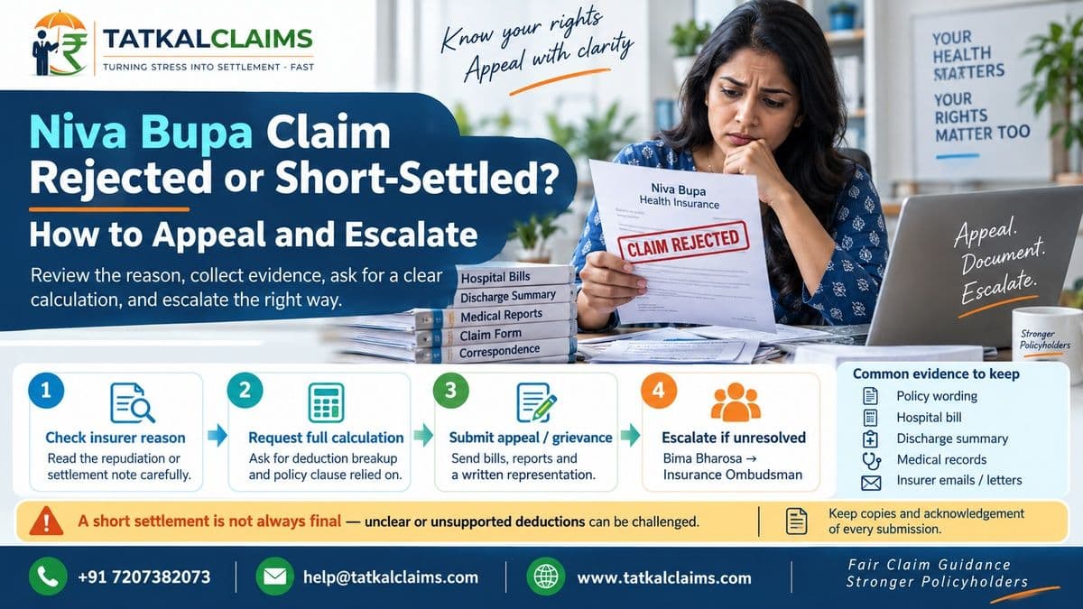 Tatkal Claims guide to appealing and escalating a rejected or short-settled Niva Bupa health insurance claim in India