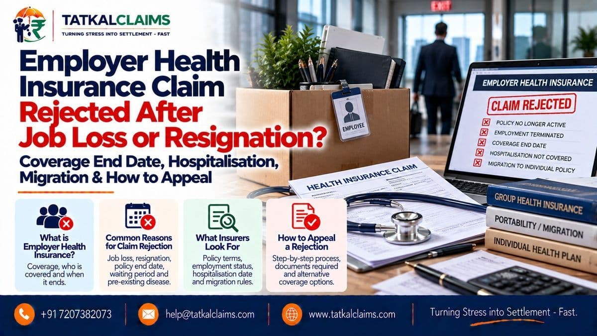 Former employee reviewing a rejected employer health insurance claim after job loss, with hospitalisation dates and coverage-end records