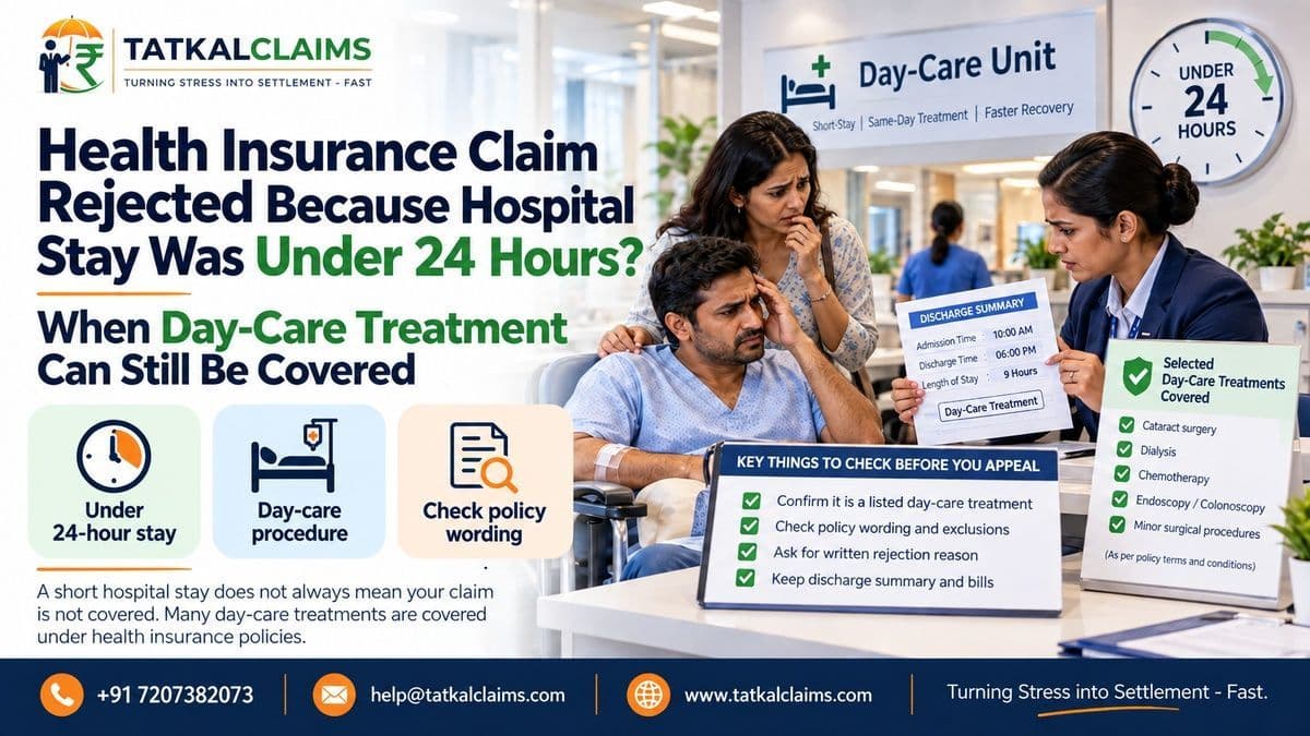 Policyholder reviewing a health insurance day-care claim rejected because the hospital stay was under 24 hours
