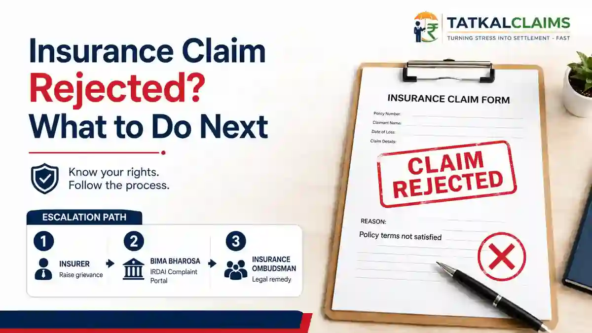 Insurance claim rejection guide showing insurer, Bima Bharosa and Insurance Ombudsman escalation path