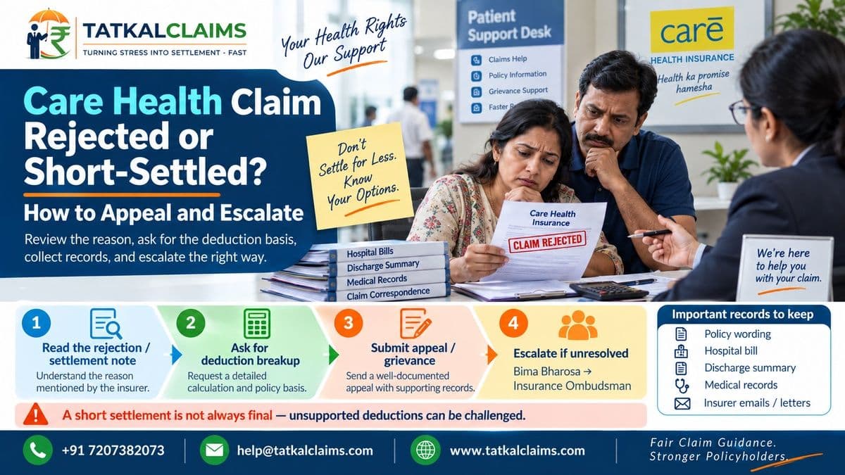Tatkal Claims guide to appealing and escalating a rejected or short-settled Care Health insurance claim in India
