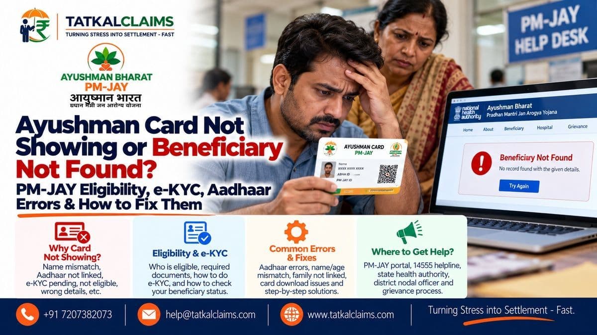 Ayushman Bharat beneficiary checking a missing PM-JAY record or e-KYC problem at a hospital help desk
