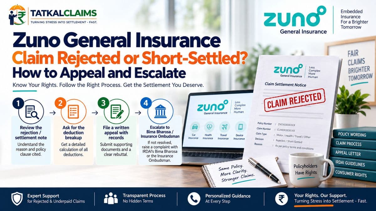 Zuno General Insurance claim rejected or short-settled appeal and escalation guide