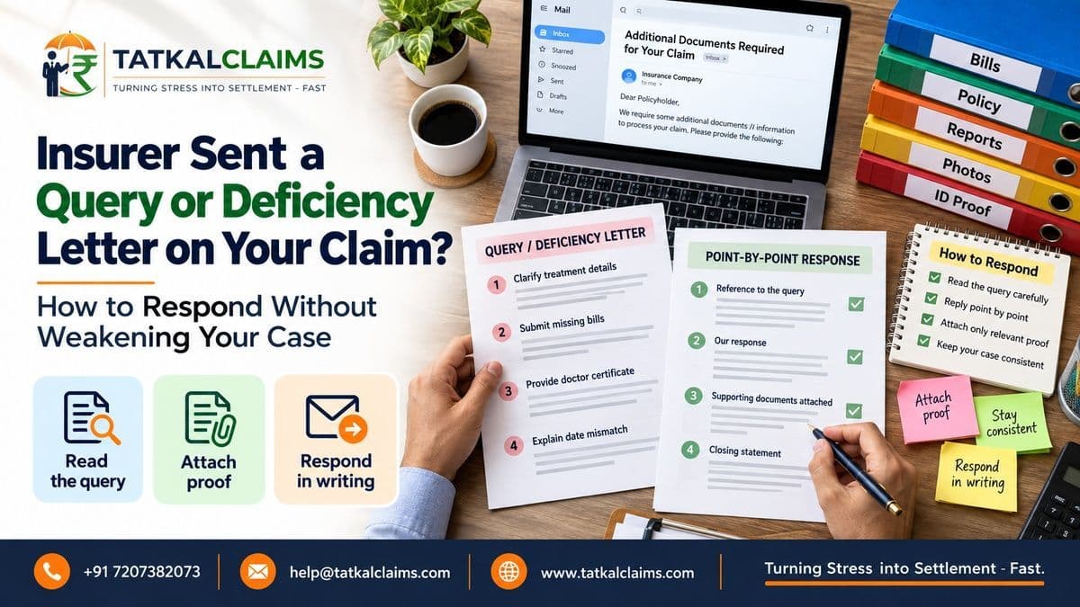 Policyholder reviewing an insurer claim query or deficiency letter with supporting insurance documents