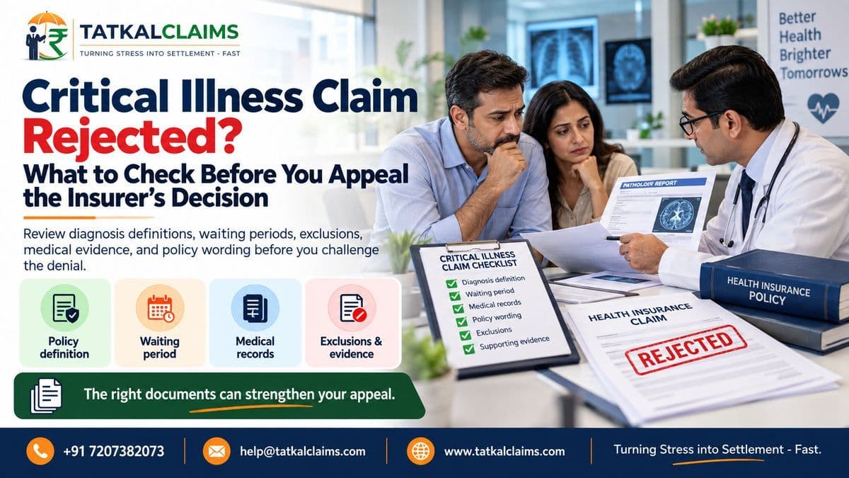Policyholder reviewing a rejected critical illness insurance claim and medical evidence before appealing the insurer’s decision