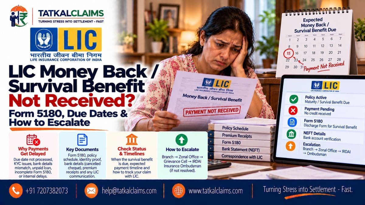 LIC money-back survival benefit not received, covering Form 5180, payment due dates, premiums, NEFT and claim escalation