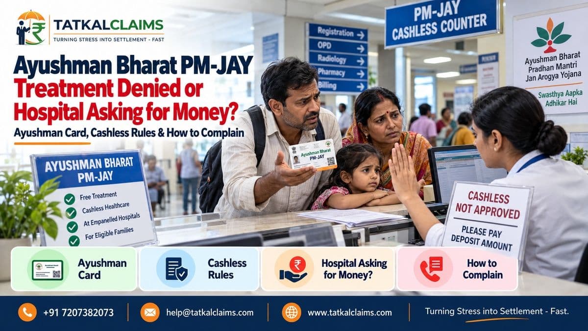 Ayushman Bharat PM-JAY beneficiary at an empanelled hospital facing cashless treatment denial or a demand for payment, with complaint and grievance options