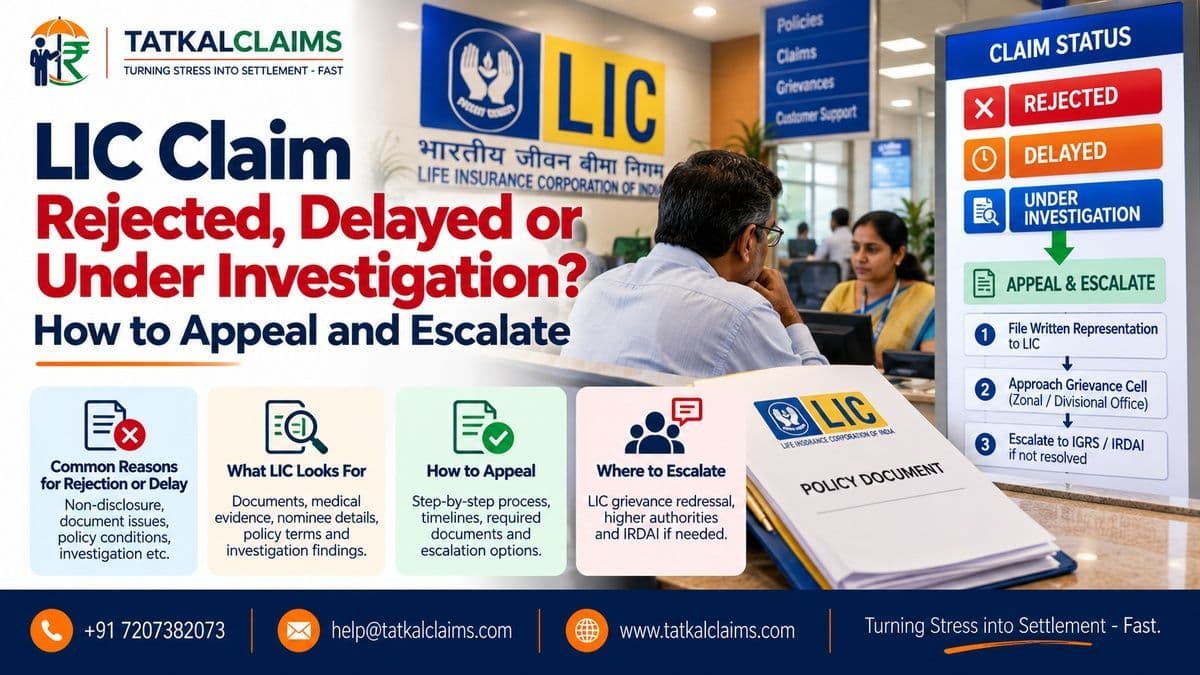 LIC policyholder family reviewing a rejected or delayed life insurance claim under investigation, with appeal and escalation documents