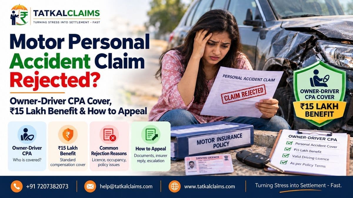 Owner-driver personal accident claim dispute involving motor CPA cover, ₹15 lakh benefit and policy eligibility