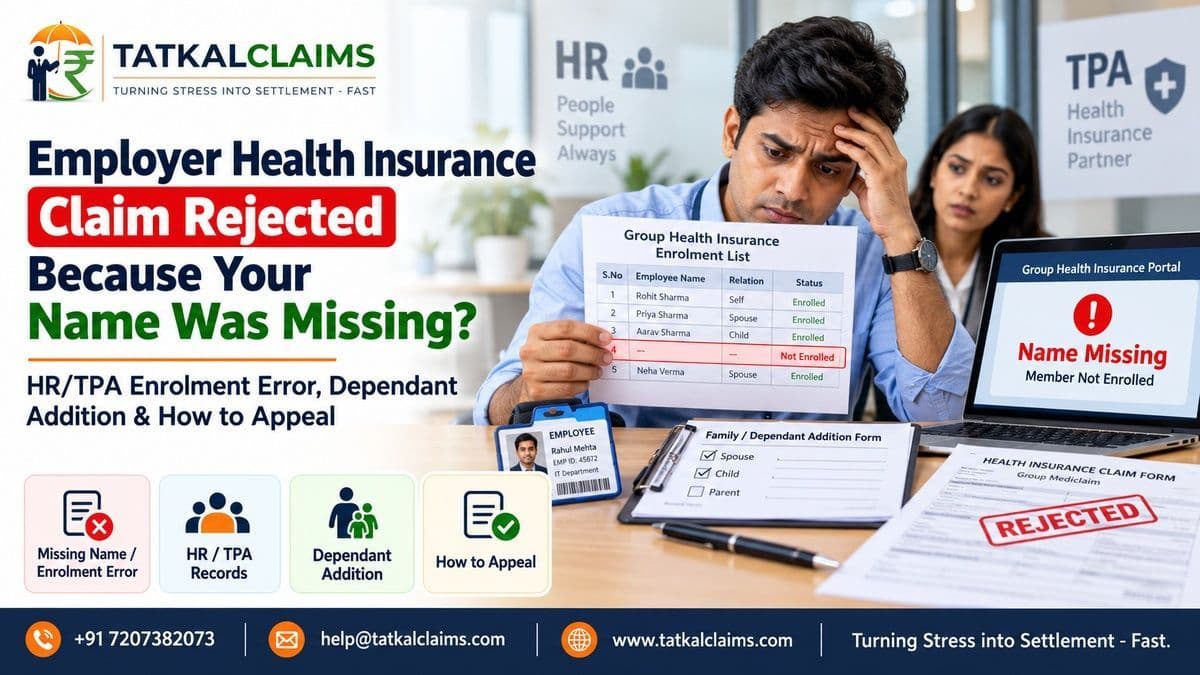 Employee reviewing a rejected employer health insurance claim after an HR or TPA enrolment error left the employee or dependant missing from the policy
