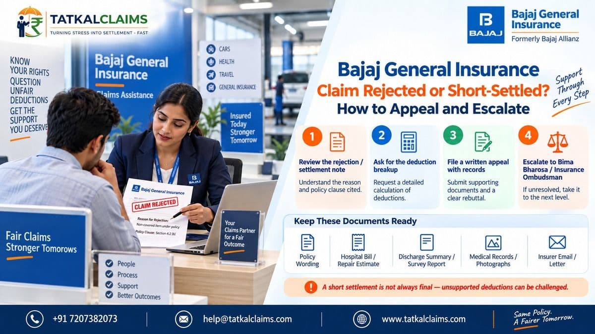 Bajaj General Insurance claim rejected or short-settled appeal and escalation guide