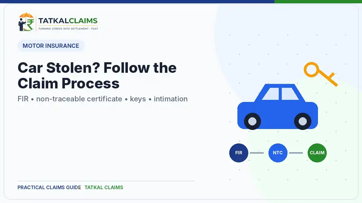 Car theft insurance claim process in India showing FIR, insurer notification and claim documents