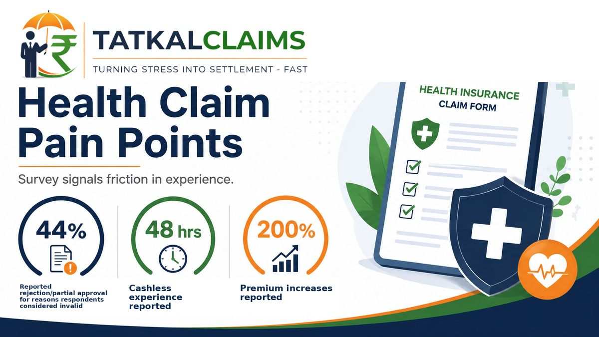 Health insurance claims survey graphic showing reported rejection delay and premium pain points