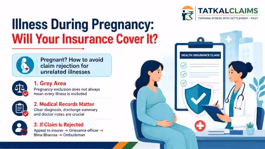 Pregnant policyholder discussing a health insurance claim for an illness unrelated to pregnancy